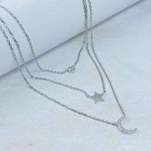 Cadena De Plata Triple Punto De Luz Estrella Luna